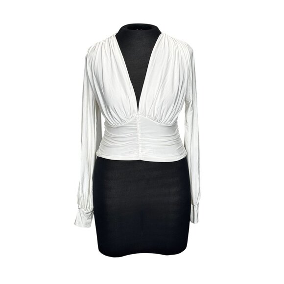 Elegant White Ruched V-Neck Blouse Top - Picture 1 of 9
